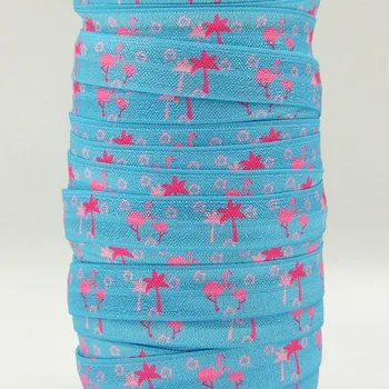 

Q&N ribbon wholesale/OEM 5/8inch cartoon flamingoes printed folded over elastic FOE 50yds/roll free shipping for hair tie
