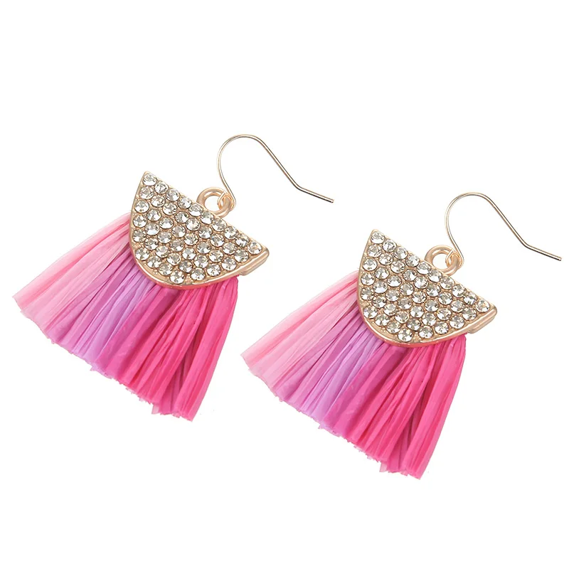 

BYSPT New Tassel Fringe Statement Earrings for Women Jewelry Fashion Design Raffia Grass earring Lafite Boho Crystal Fan Shape