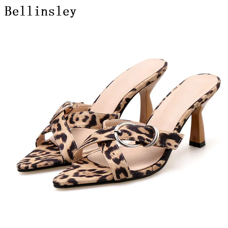 Bellinsley Summer Strange Style Women Leopard High Heels Sandals Slippers Slip On Mules Pointed Toe Slides Outdoor Slipper | Обувь