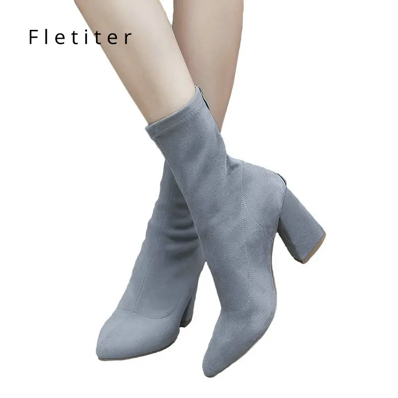 

Fletiter 2018 Autumn Womens Boots Pointed Toe Flock Elastic Ankle Boots Square High Heels Shoes Woman Female Grey Socks Boots
