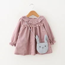 Осенние платья для маленьких девочек, платье принцессы с длинными рукавами для девочек Кукольное платье с воротником в виде листка лотоса+ сумка, 2 предмета, платье для девочек