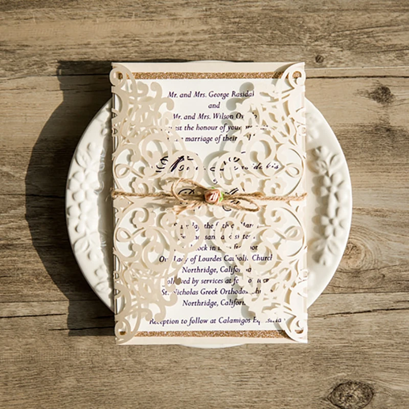  10Kit Design Flower Pattern Laser Cut Invitations Cards Ribbons decoration Fold Customize Wedding P - 32847096839