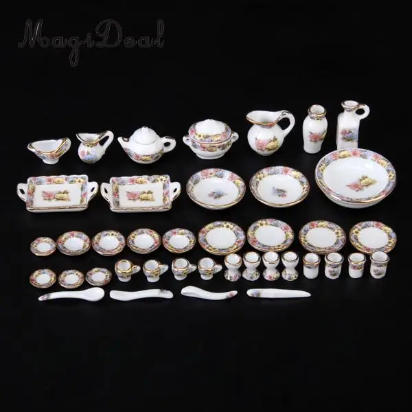 MagiDeal Hot Sale 40Pcs/Set Dollhouse Miniature Dining Ware Porcelain Tea Set Dish Plate Flowers Children Pretend Play Toys