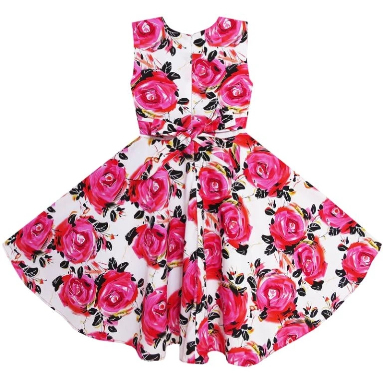 Sunny Fashion Girls Dress Rose Flower Print Butterfly Embroidery Green Vestito Bambina
