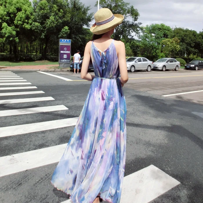 

2017 summer print spaghetti strap full dress chiffon one-piece dress plus size beach bohemia maxi dress