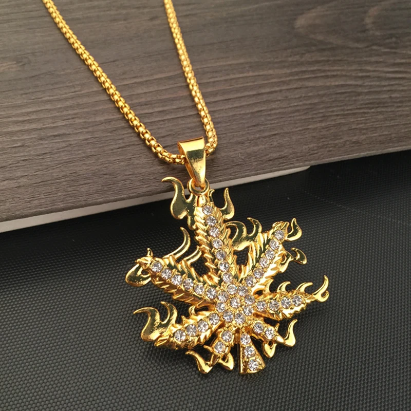 

Hip Hop Iced Out NEW Golden Fire Weed Leaf Pendant Necklace 75cm Boxing Chain Hiphop Jewelry Men's Gift Free Shipping