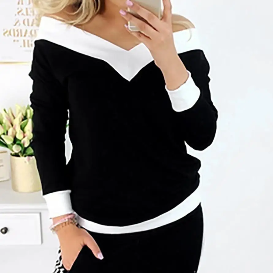 

KANCOOLD T-Shirt new high quality Strapless Long Sleeve Off Shoulder T-Shirt Pullover Patchwork Tops T-shirt women feb1