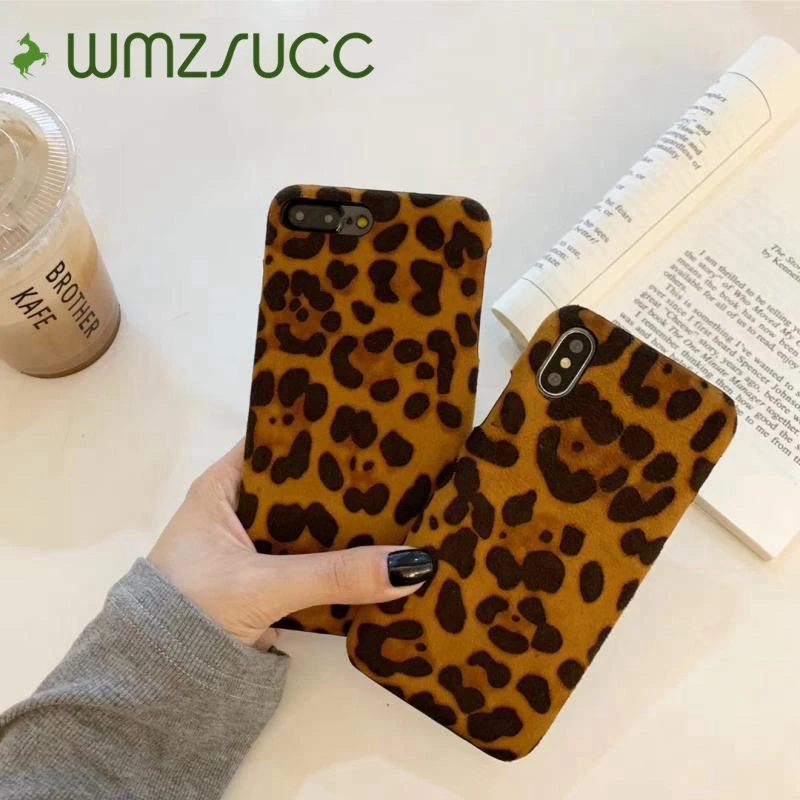 WMZSUCC Fashion Leopard Print Plush Fabric Hard Phone Cover Case Shell for iPhone X XS MAX XR 8 7 6 6s Plus |