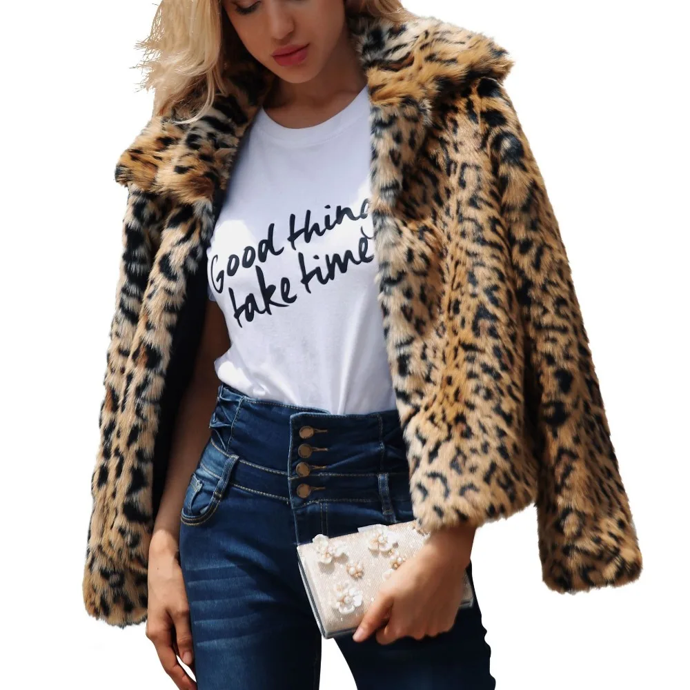 S-3XL Winter Warm Plus Size Open Stitch Slim Plush Coat 2018 Women Faux Fur Leopard Cardigan Ladies Thick Short Fur Coat Coats