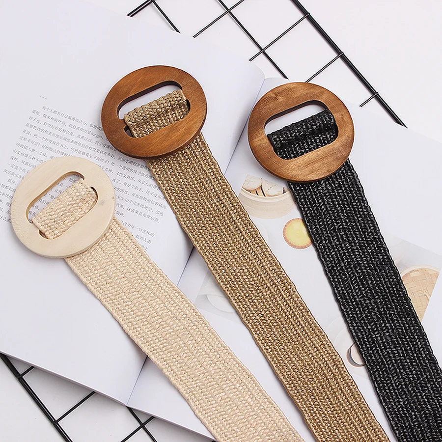 

2019 Holiday Wind Round Buckle Straw Belt Raw Bohemian Wooden Buckle Belt Ladies Fashion Lady Girdle Full Length 100CM