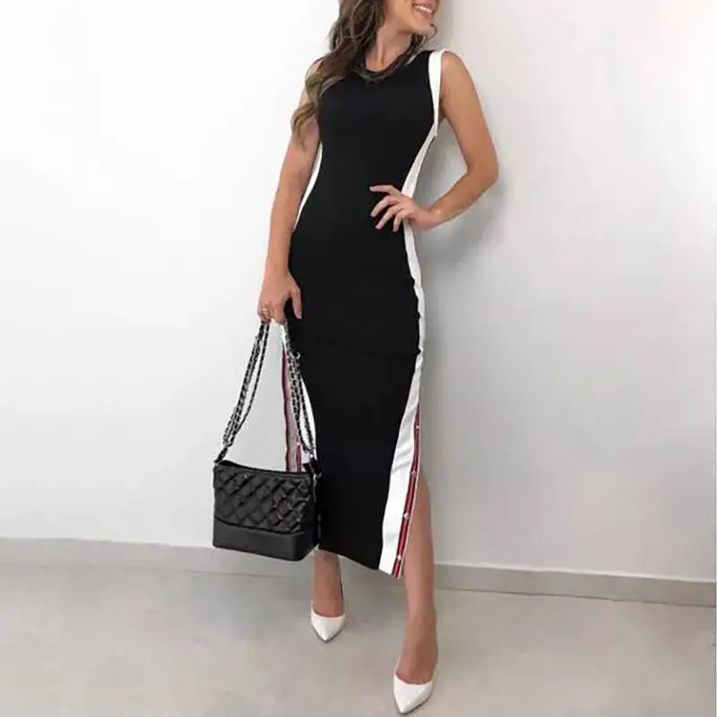 Для женщин Элегантный Черный Bodycon Slim Fit официальная Вечеринка платье Повседневное контраст Цвет Кнопка Разделение сбоку платье миди