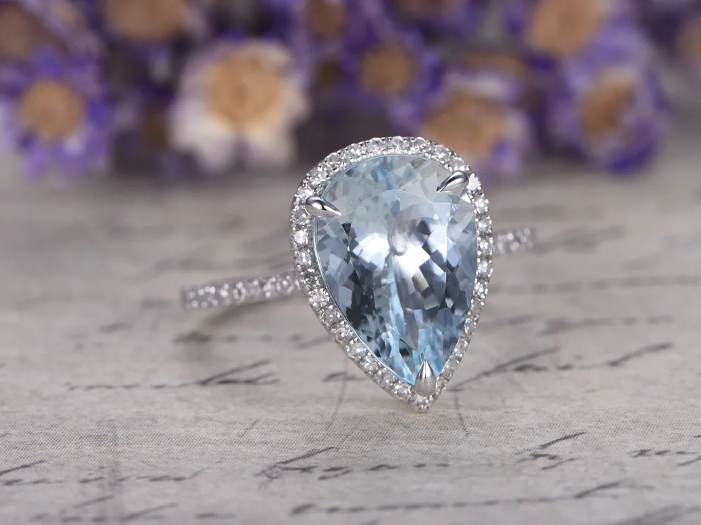 

MYRAY 14k White Gold 8x12mm Pear Cut Natural Genuine Blue Aquamarine Gemstone Engagement Ring Anniversary Women Rings Jewelry