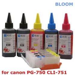 Для CANON MG5470 MG6470 MX727 MX927 Ip7270 IX6770 MG5570 IX6870 принтер PGI-750 многоразовые картриджи + 5 цветов чернилами 100 мл
