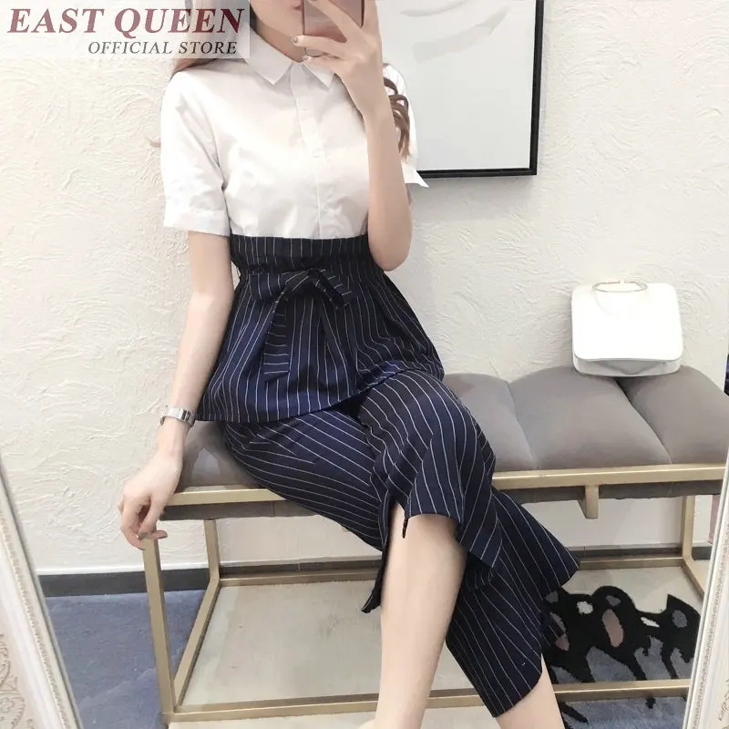 Vrouwen pakken korte mouw elastische taille enkellange broek dames kantoor stijl sets gestreepte mode pakken DD645 L