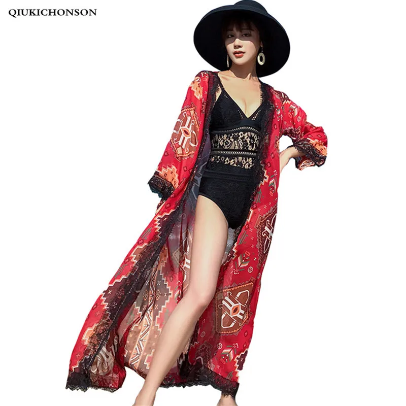 

Vintage Ethnic Print Bohemian Tops Ladies Summer Seven Sleeve Lace Hem Patchwork Maxi Long Chiffon Cardigans Women Beach Kimono