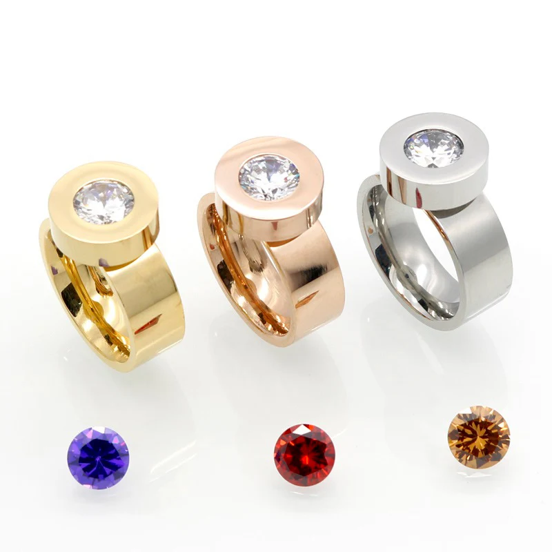 Wedding Rings New Trendy Gold 4 Color Zircon Crystal Round Stone Ring For Women Female 316L Stainless Steel Ring Male Brand Wedding Jewelry