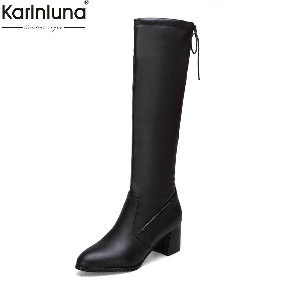 

KARINLUNA 2018 large sizes 34-43 add fur knee-high Boots Women Shoes Woman square Heel Black Woman Shoes riding boots