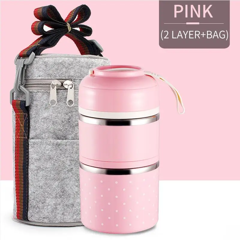 WORTHBUY милый японский термальный Ланч-бокс герметичный из нержавеющей стали Bento box детский портативный контейнер для еды для пикника и школы - Цвет: Pink 2 With Bag