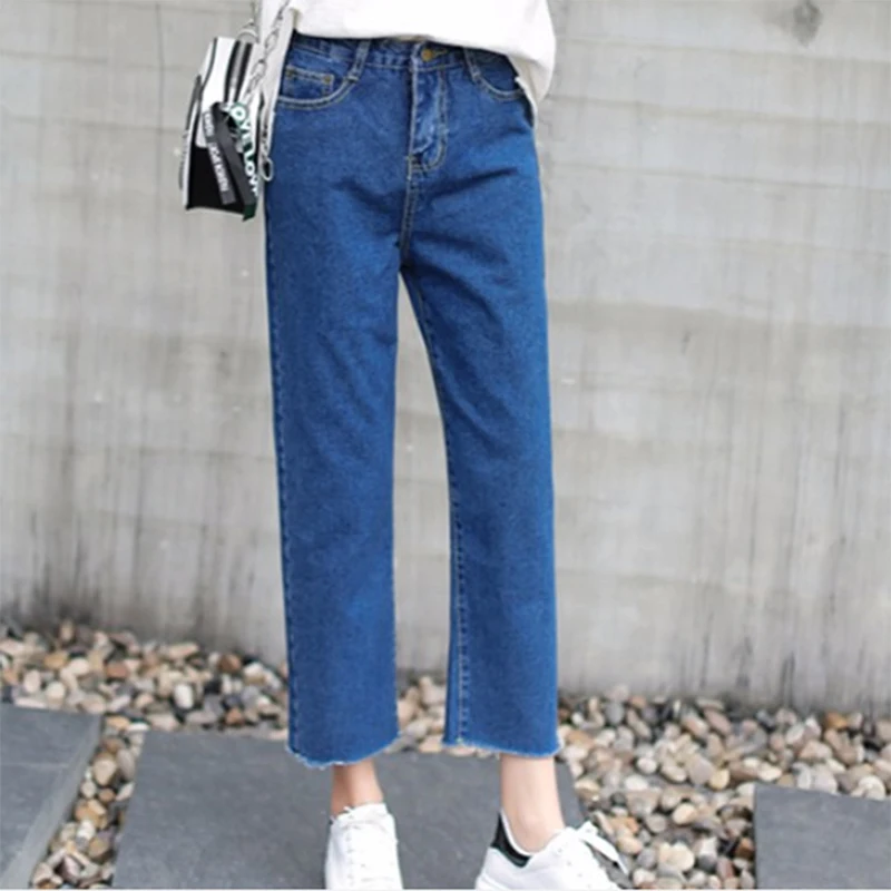 Женские джинсовые брюки с высокой талией и эластичной бахромой, прямые свободные повседневные длинные женские брюки, женские