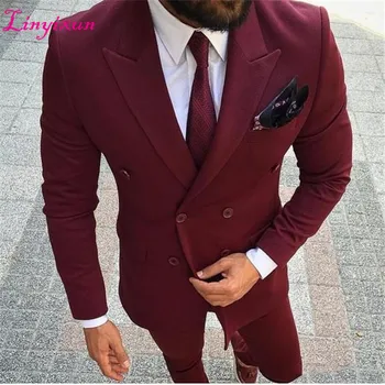 

Linyixun Men Suits Burgundy Wine Red Double Breasted Blazer Groom Tuxedo Wedding Suits Slim Fit Fashion Terno Masculino