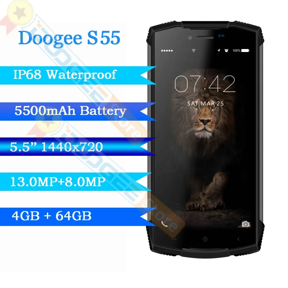 Смартфон DOOGEE S55 IP68 водонепроницаемый телефон с экраном 5 дюймов HD ОЗУ 4 Гб ПЗУ 64