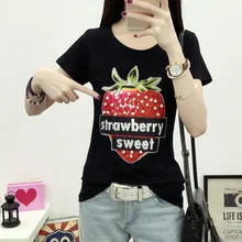 Бусы в Корейском стиле, фруктовая футболка с изображением клубники, короткий рукав, женские Топы И Футболки, большой размер, хлопковая Базовая футболка, студенческие футболки, топы