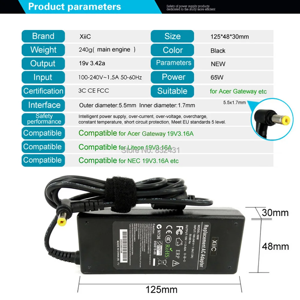 XiiC 19 v 3.42a адаптер для ноутбука acer Gateway 4736Z 4740G ноутбук AC блок питания зарядное устройство с кабелем 65 w 5,5*1,7 мм