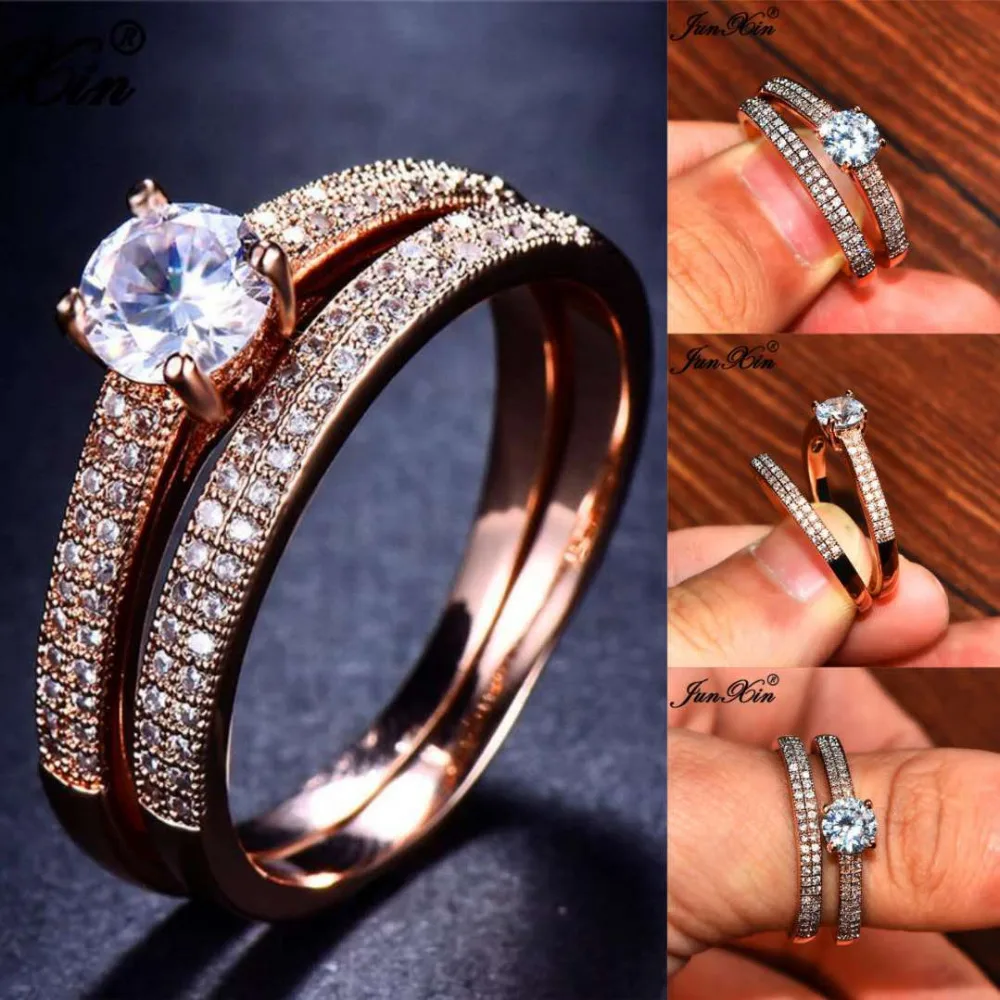 JUNXIN Valentine Jewelry Female Round Ring Sets For Women 925 Silver Rose Gold Filled White Zircon Crystal Promise Wedding Ring