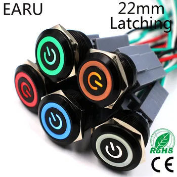 

22mm Black Metal Stainless Steel Waterproof Latching Doorebll Horn LED Push Button Switch Car Auto Engine Start PC Power Symbol