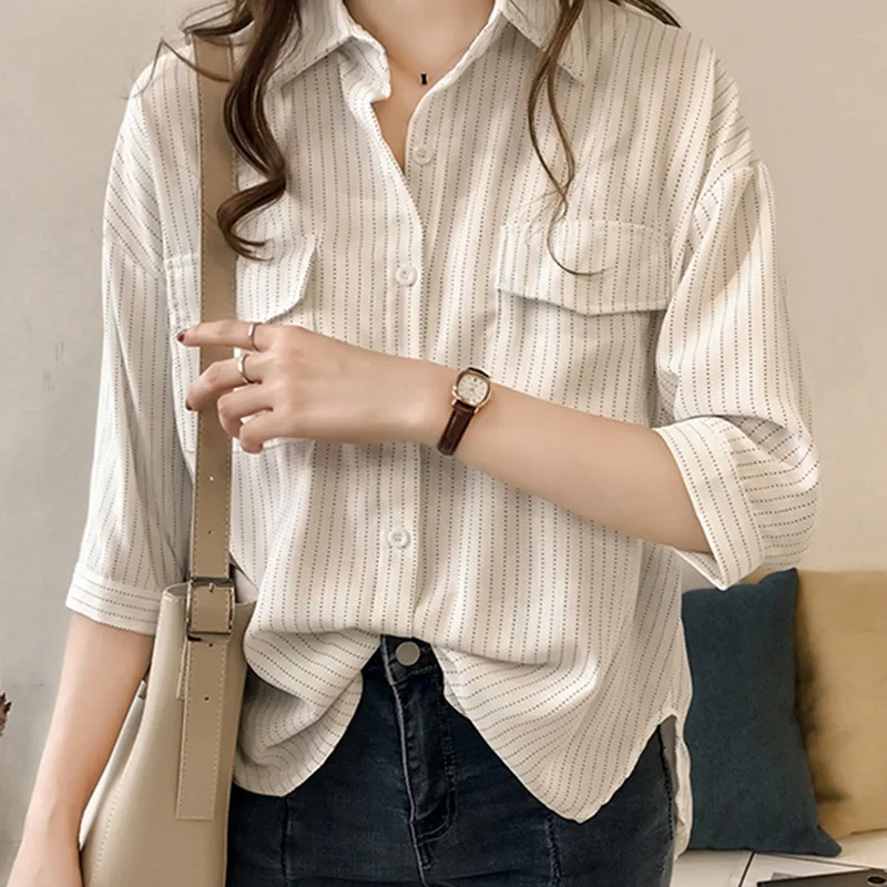 Корейский стиль, модные полосатые рубашки с коротким рукавом и карманами, женские блузки, рубашки, Осенние повседневные рубашки с отложным