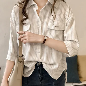 

Korean Style Fashion Striped Half Sleeve Pockets Shirts Women Blouses Shirts Autumn Casual Turn-down Collar Blouses Tops Female