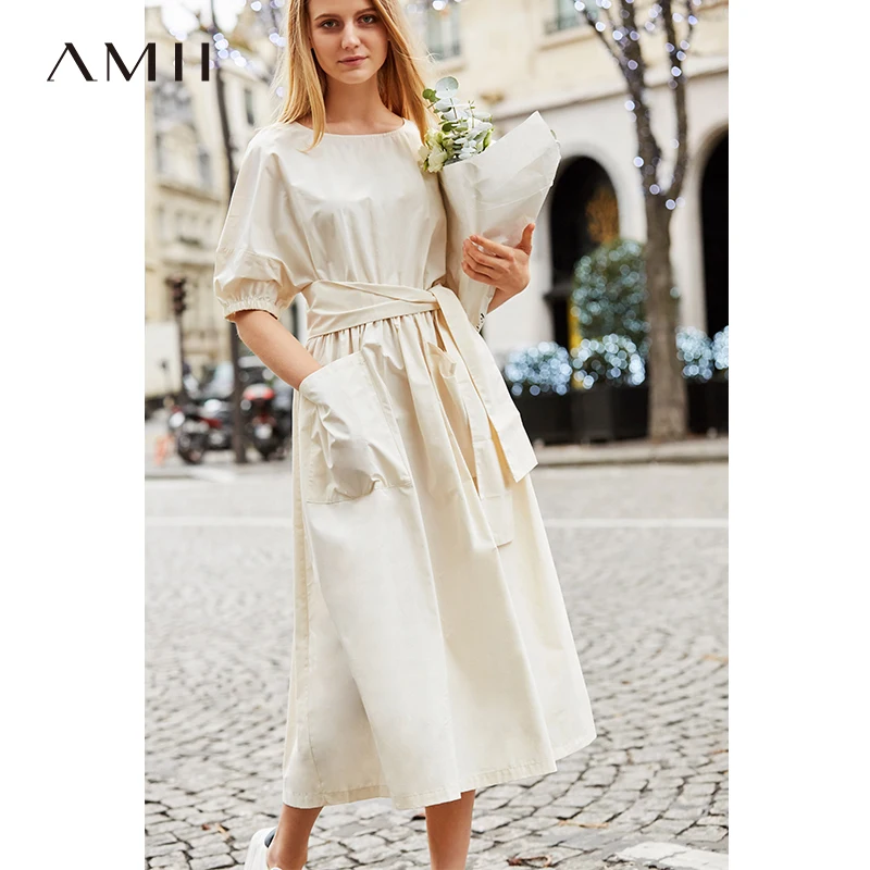 

Amii Minimalist Cotton Dress Women 2019 Spring Summer 100% Cotton O Neck Short Sleeve Solid Belt Lace Up Female Dress Elegant