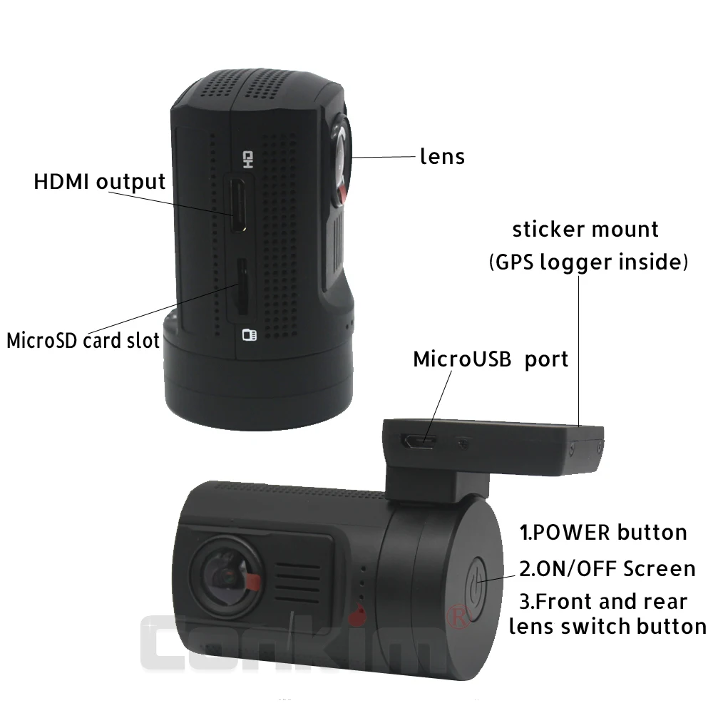  Conkim Dual Lens Car Dash Camera GPS DVR Front 1080P FHD+Rear Camera 1080P FHD Parking Guard Auto R