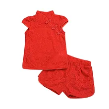Детская одежда хлопковая одежда для маленьких девочек комплекты для девочек Летняя Кружевная футболка Чонсам из двух предметов топы и шорты комплекты одежды для малышей k527