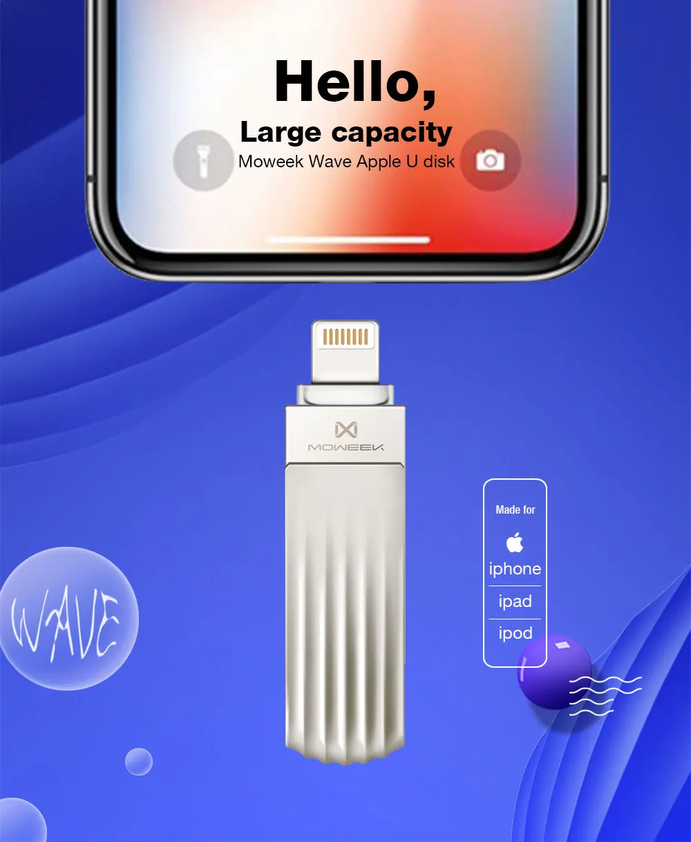 Moweek USB флеш-накопитель для iphone Xs Max X 8 7 6 ipad USB карта памяти 16 ГБ 32 ГБ 64 Гб 128 ГБ 256 ГБ usb 2,0 Флешка для iphone