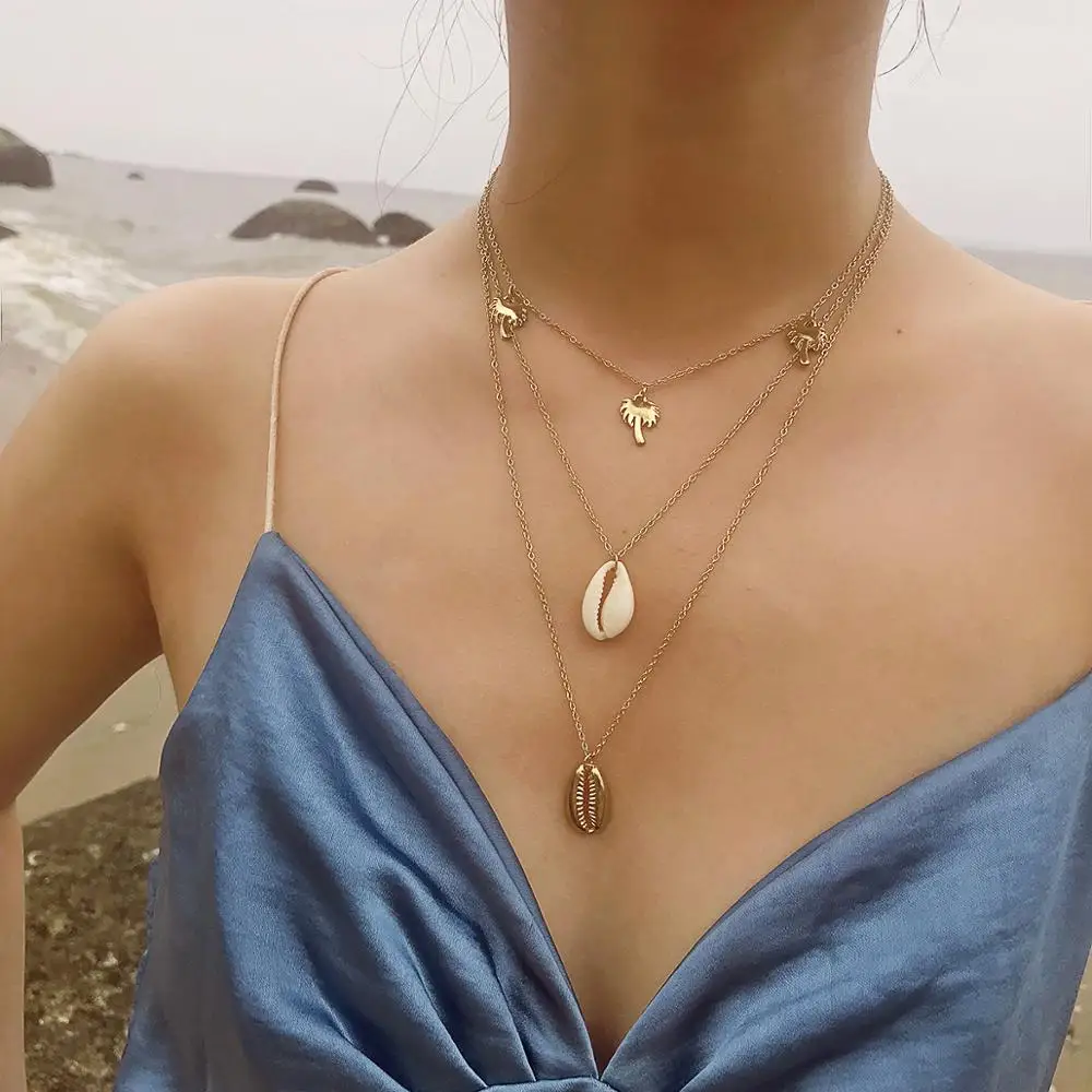 

Bohemia Multilayer Coconut Tree Shell Choker Necklace Statement Alloy Shell Natural Seashell Pendant Necklace for Women