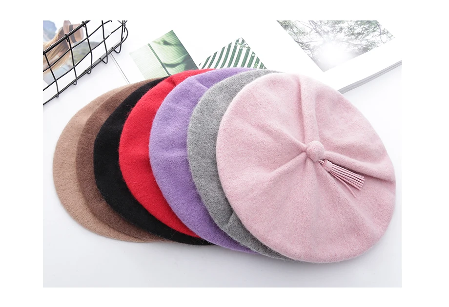 Women Knit Beret 100% Pure Wool Winter Warm Hat Female British Style Lady Painter Bonnet Hats Solid Color Beanie High Quality  (4)