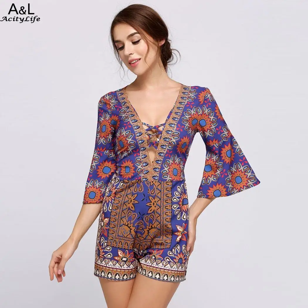 Фитнес расклешенные рукава с v образным вырезом Lace Up Romper|Комбинезоны c шортами| |