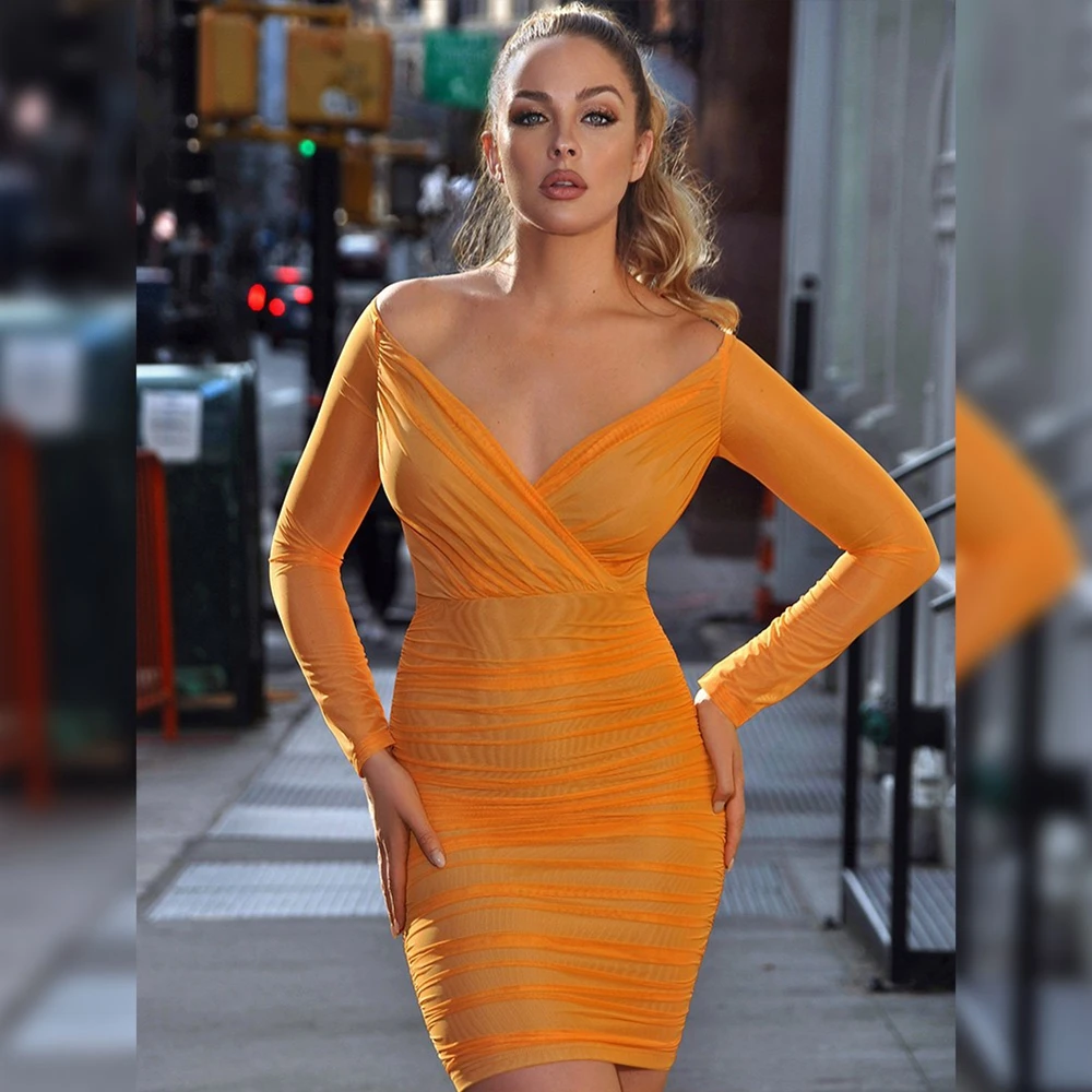 

Deer Lady Summer Dress 2019 New Arrivals Orange V Neck Chiffon Mesh Dress Mini Bodycon Long Sleeve Dress Sexy Party Club