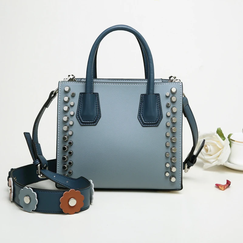 Женские сумки, кожаные роскошные дизайнерские сумки, высокое качество, на плечо, через плечо, ручная сумка для девочки, сумка с заклепками, с вышивкой - Цвет: Blue