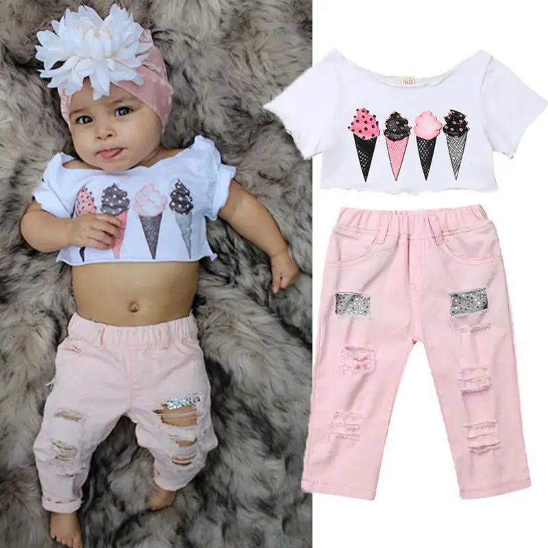 

PUDCOCO Newborn Baby Girl Set Ice Cream Printing Top Tees + Long Hole Trousers Pants 2PCS Outfit Coton Child Girls Clothes 1-5T