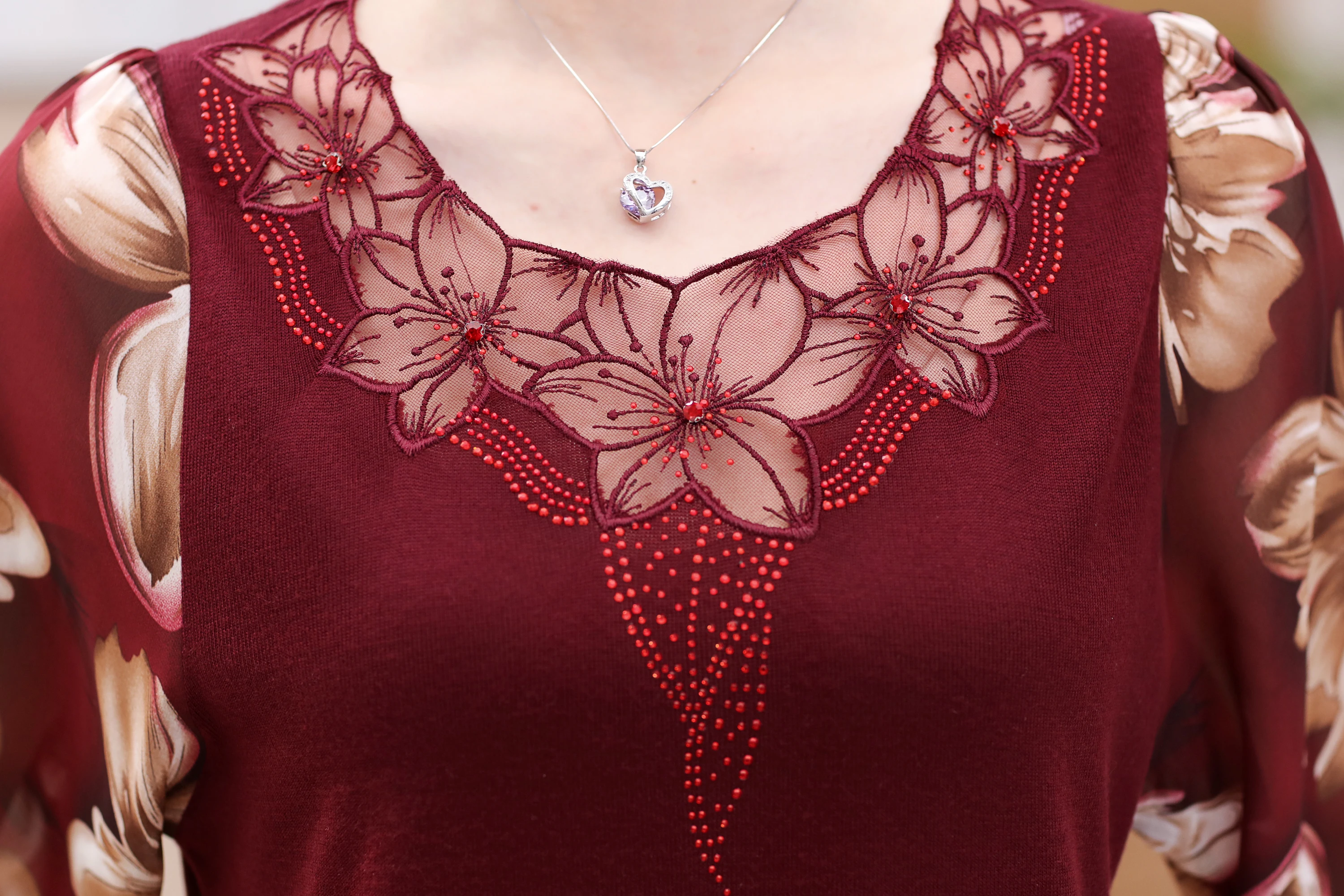 Spring Women Knit Hollow Lace Blouse Chiffon Floral Printed  Sleeve Tops Thin Blouse Shirt 4