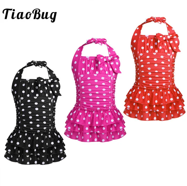 US $11.98 TiaoBug Kids Teens One-piece Halter Swimsuit Polka Dots Ruched Tiered Swimwear Girls Beachwear Swim