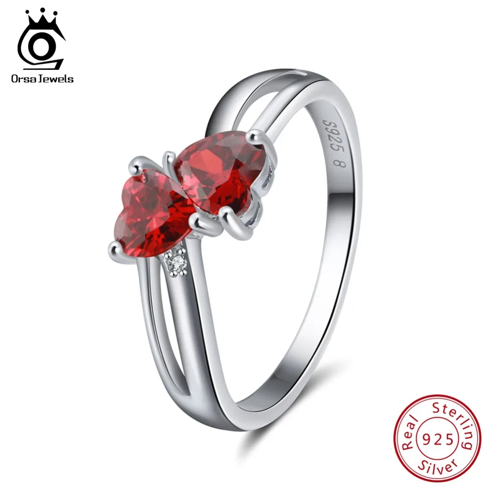 ORSA JEWELS Genuine 925 Sterling Silver Women Rings Double Heart Shape AAA Red Cubic Zircon Female Party Ring Jewelry SR58-R