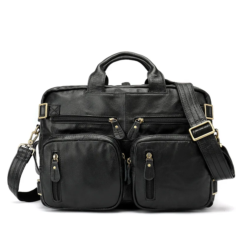 Crossten Multifunctional Natural Cowskin Genuine Leather Men's Briefcase Large Capacity Business bag Laptop Messenger Bag - Цвет: Black