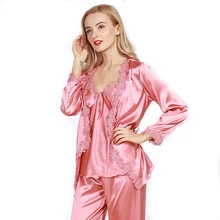 Женская атласная Шелковая пижама, три комплекта, женская пижама, розовые и красные штаны с длинными рукавами, весенне-летняя одежда для сна, STZ301