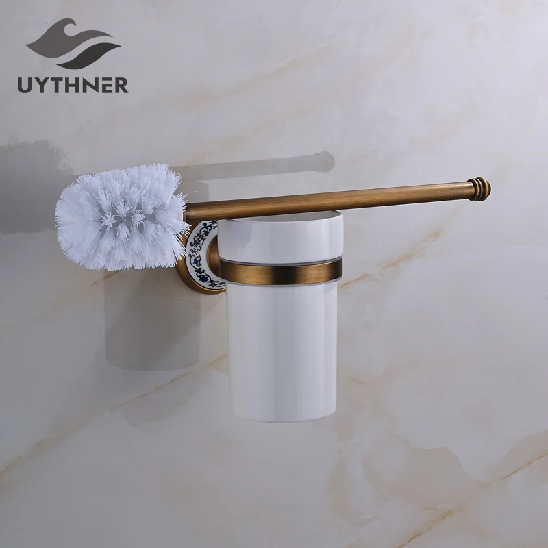 Wall Mounted Bathroom Toilet Brush Holder Blue and White Porcelain Wall