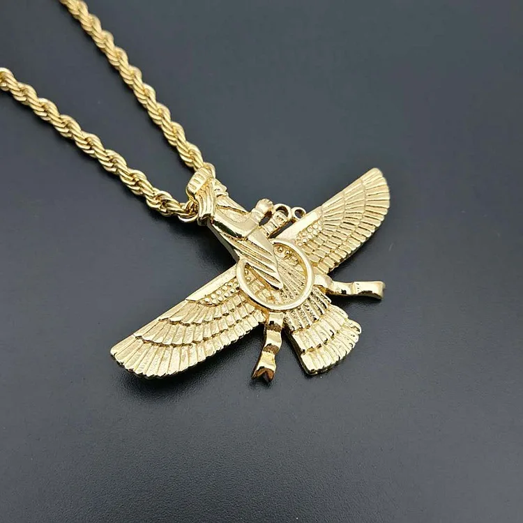 Хип хоп проложили Faravahar Ahura Mazda Zoroastrian кулон ожерелье золотой цвет 316L нержавеющая