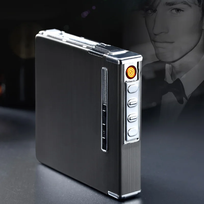 

Metal USB Charge Cigarette Case Lighters Charging Electric Wire Windproof Lighter Cigarette Box Men Gift