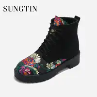 Sungtin Winter Fashion Flower Embroidery Lace Up Ankle Boots Women Motorcycle Short Boots Female Punk Booties Suede Casual Shoes